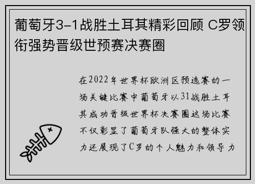 葡萄牙3-1战胜土耳其精彩回顾 C罗领衔强势晋级世预赛决赛圈