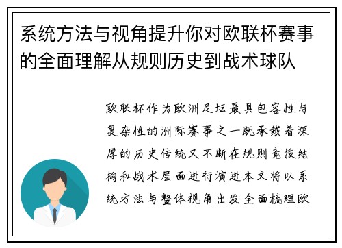 系统方法与视角提升你对欧联杯赛事的全面理解从规则历史到战术球队